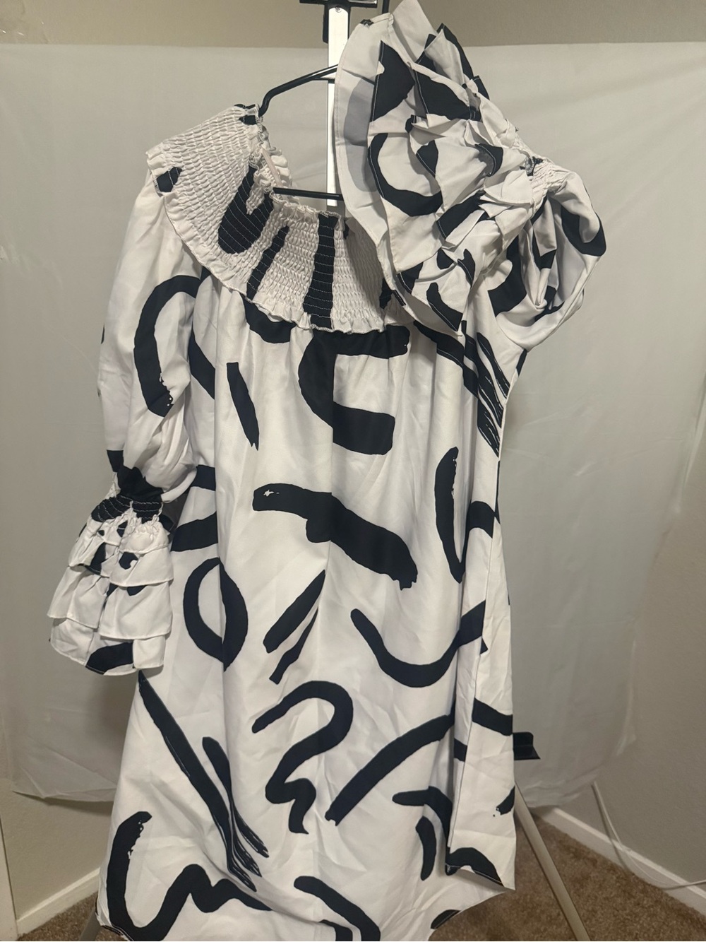 Women’s On or Off Shoulder Black & White Smocked Dress